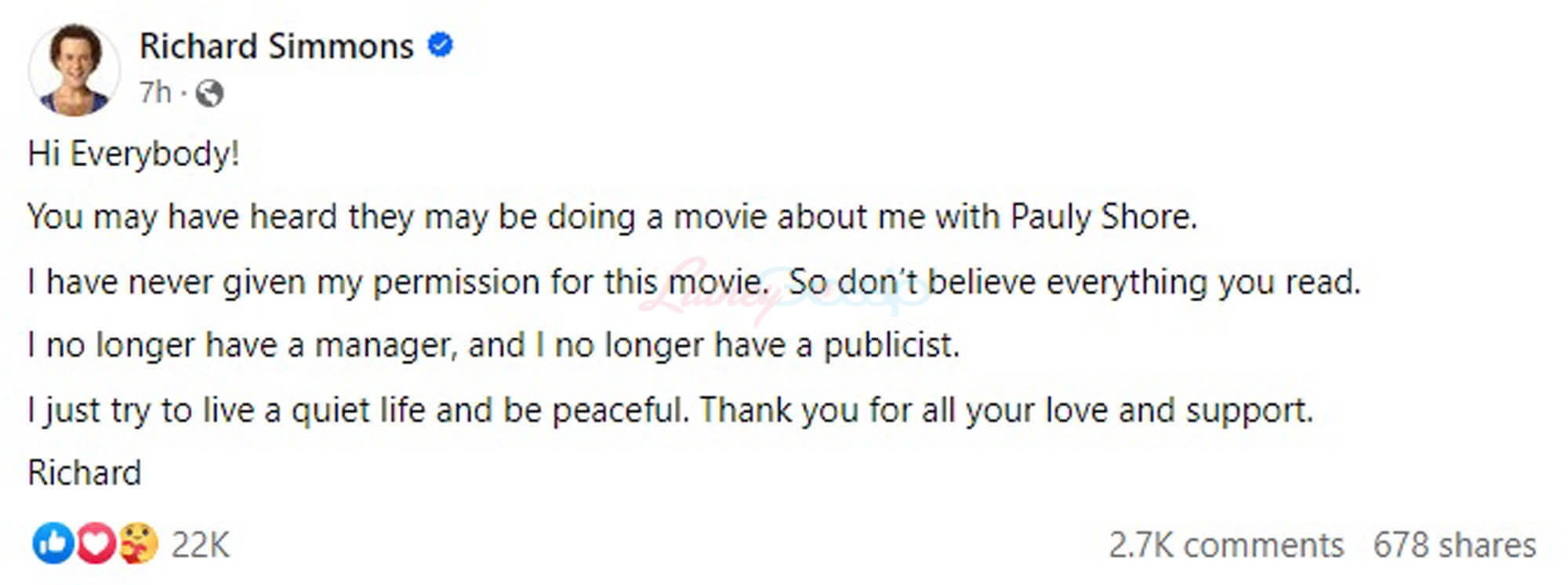 Richard Simmons on Shore's pending biopic